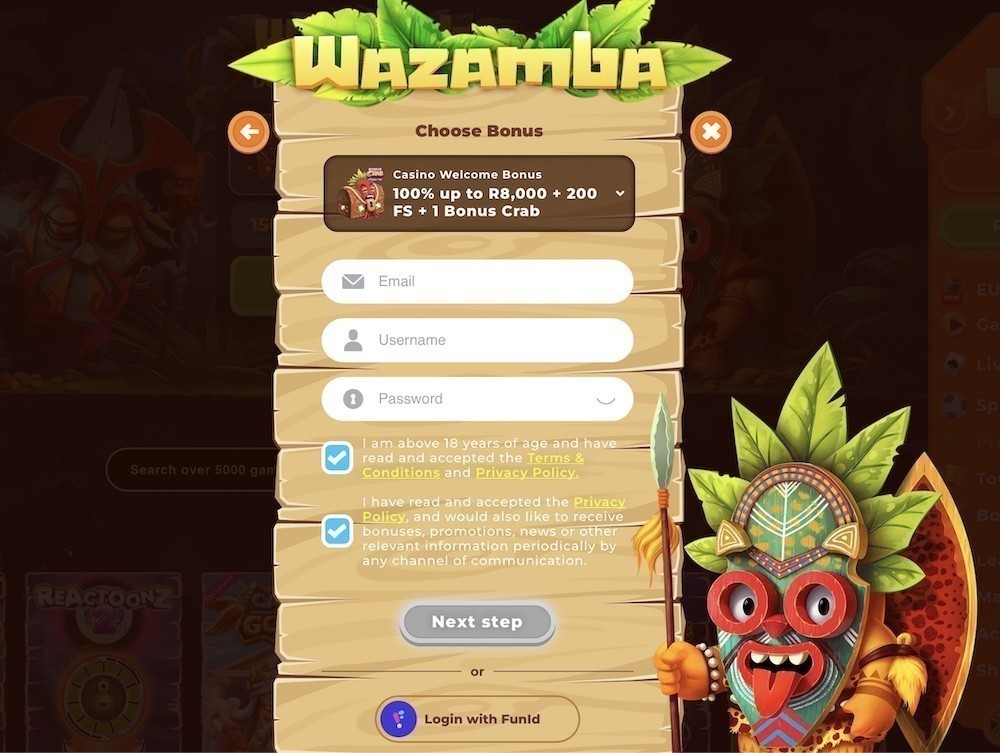 wazamba sign up page