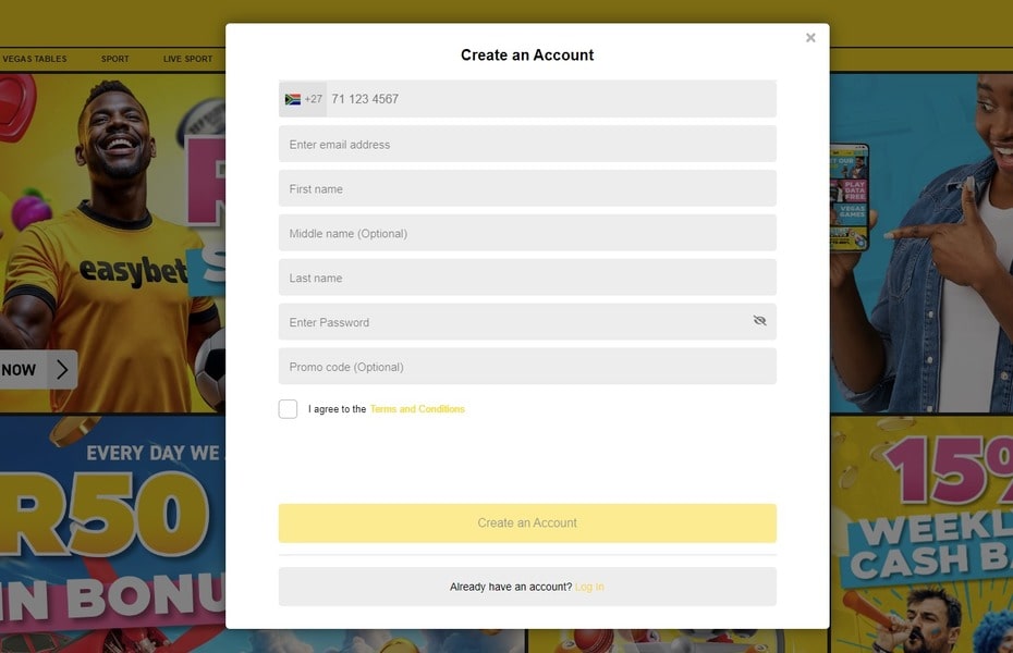 Easybet account creation form