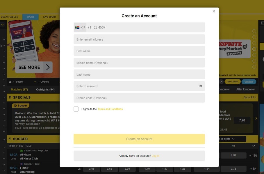 Easybet account creation window 