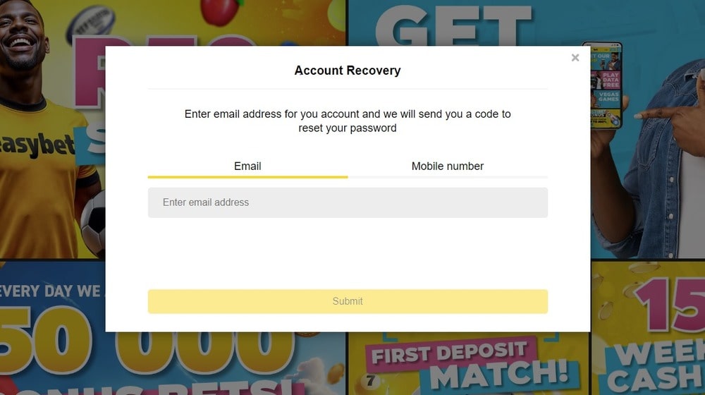 Password reset window on Easybet website