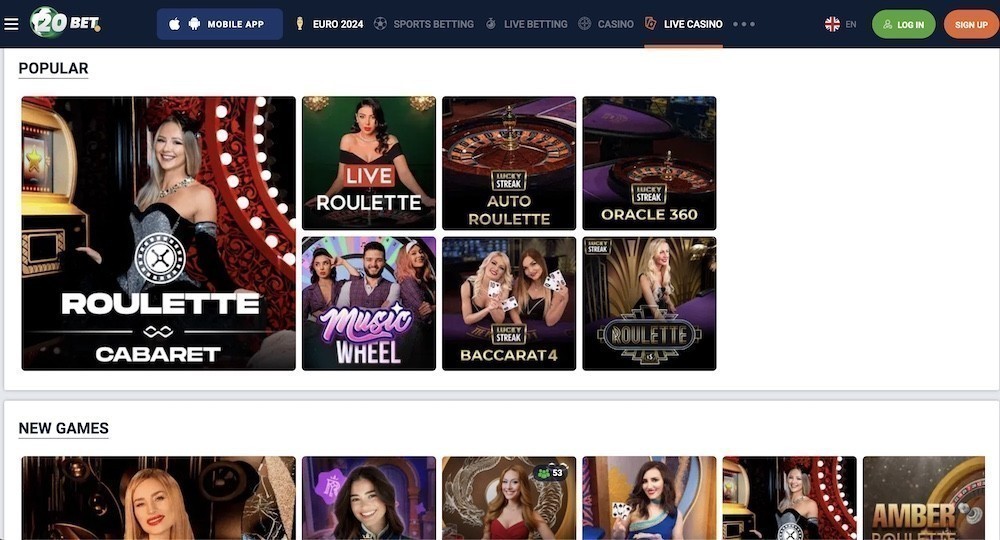 20bet live casino section