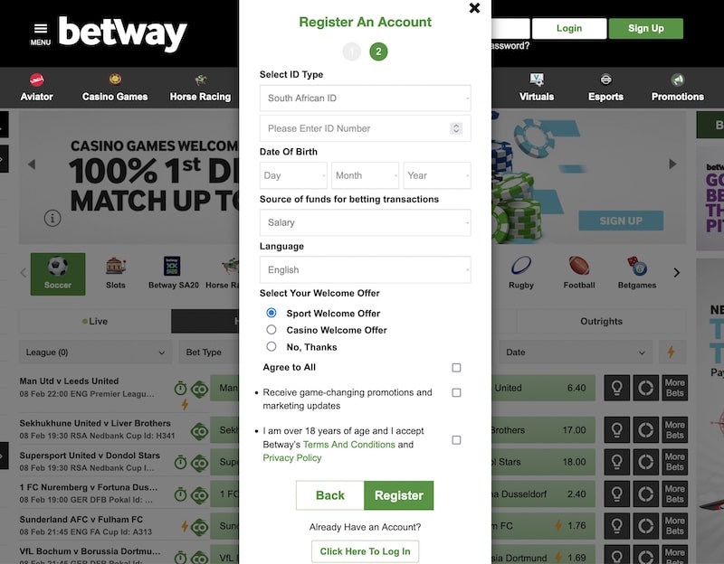sign up process on betway - step 2