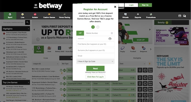 sign up process on betway - step 1