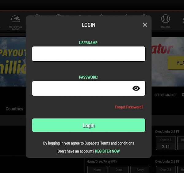 supabets login form